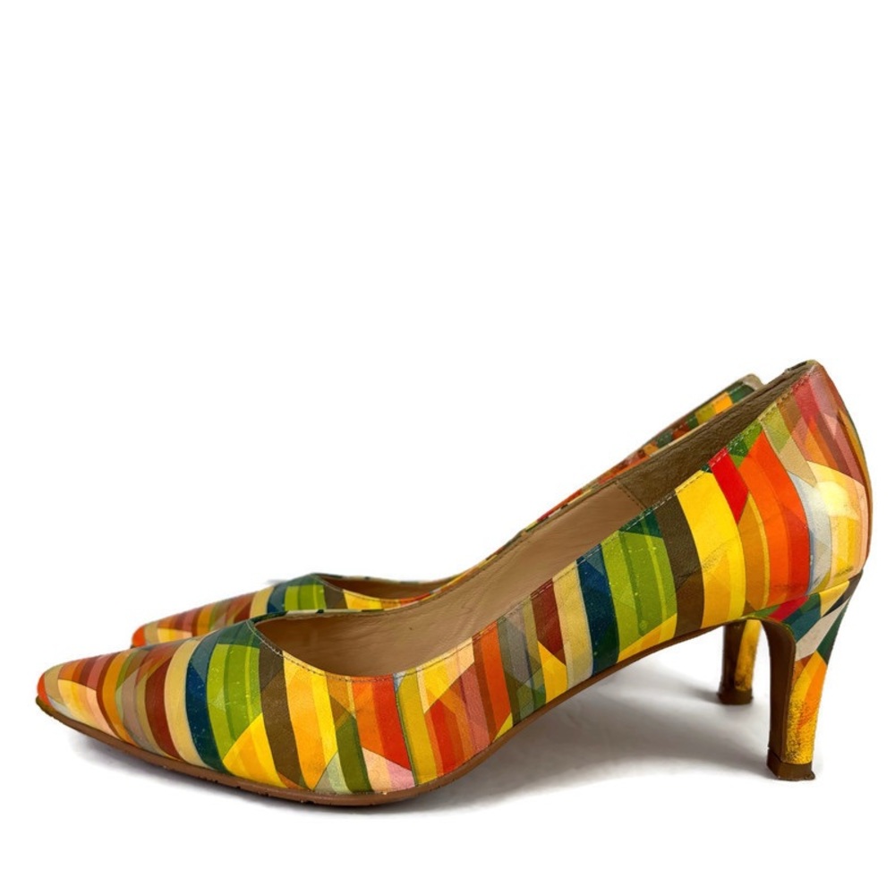 Brenda Zaro Point Toe Slip On Leather Stiletto Heels in Green/Yellow/Orange